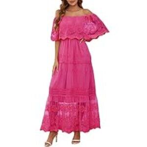 Tiered, Off the Shoulder Hot Pink Lace Maxi dress XL